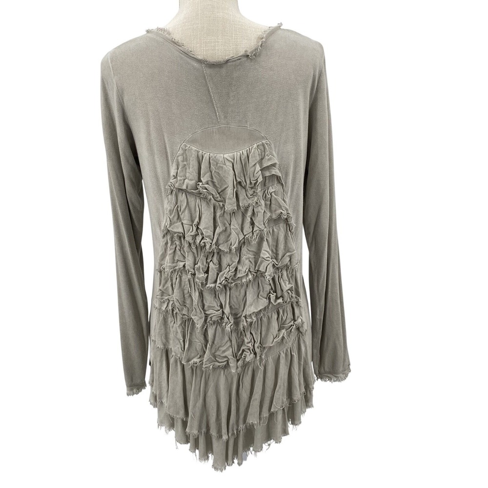SAGA Taupe Grey Ruffle Back Long Sleeve Top Raw Edge Boho Renaissance Women Sz 2